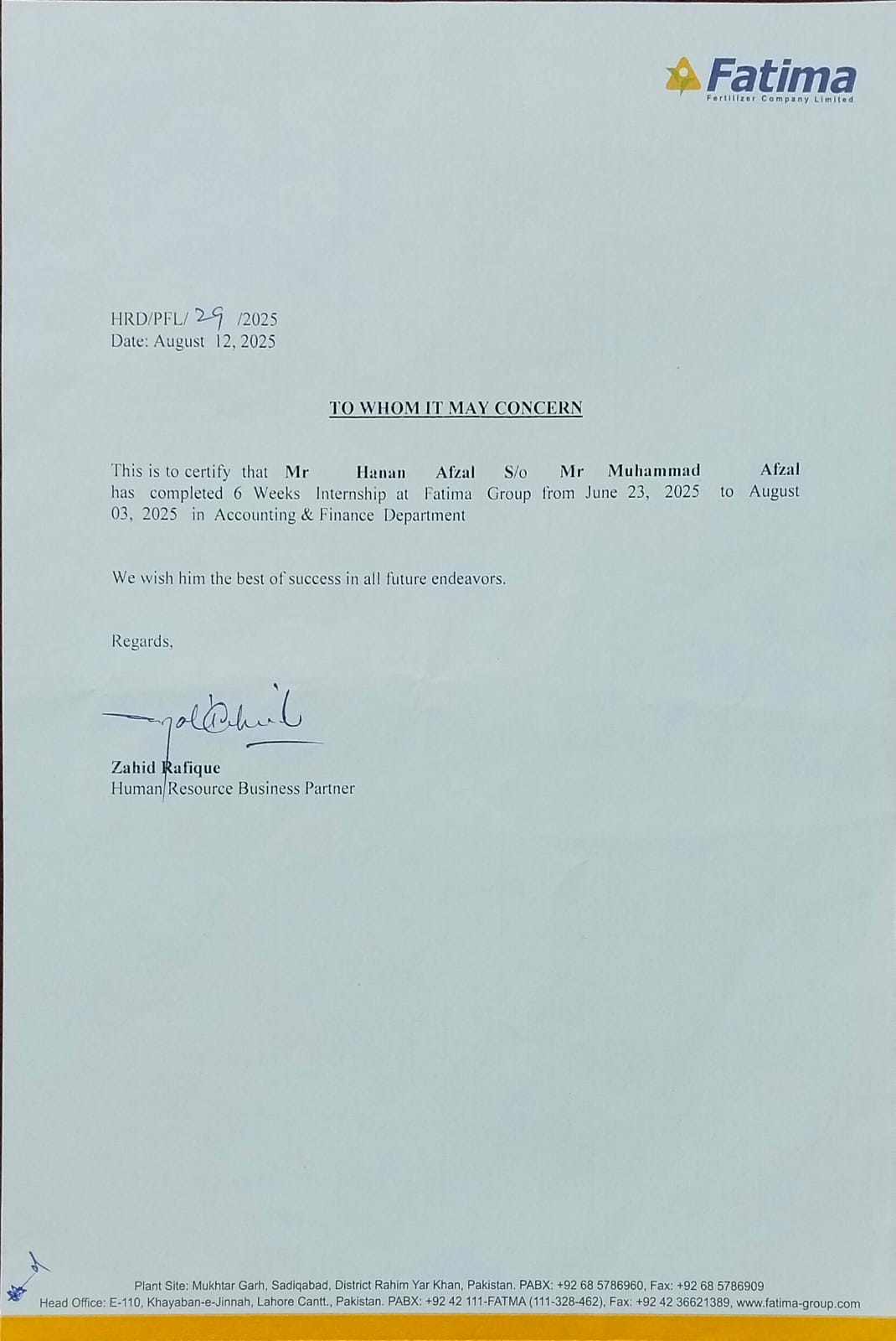Fatima Group Official Internship Completion Letter